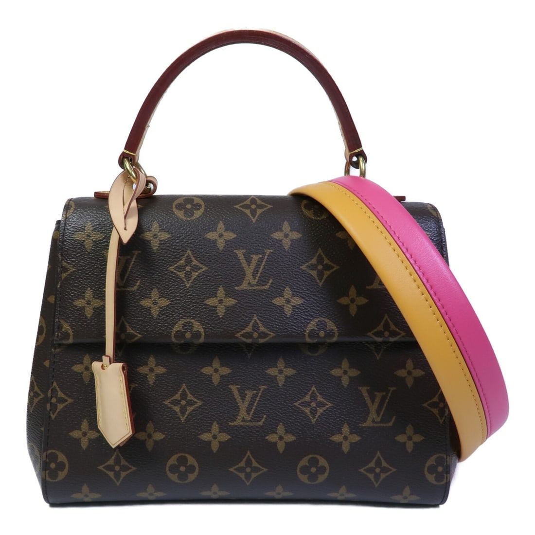 Louis Vuitton Cluny BB Monogram 2 Way Shoulder Bag GHW: Louis Vuitton Cluny BB Monogram 2 Way Shoulder Bag GHW This Louis Vuitton Cluny BB 2-way shoulder bag features the iconic Monogram pattern in brown with rose red accents. Crafted from PVC coated canva