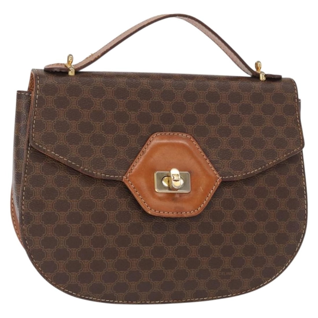 CELINE Macadam Canvas Hand Bag PVC Leather Brown Gold Auth M08: CELINE Macadam Canvas Hand Bag PVC Leather Brown Gold Auth M08 This authentic CELINE Macadam Canvas Hand Bag showcases a sophisticated combination of brown PVC leather and gold accents, perfect for ad