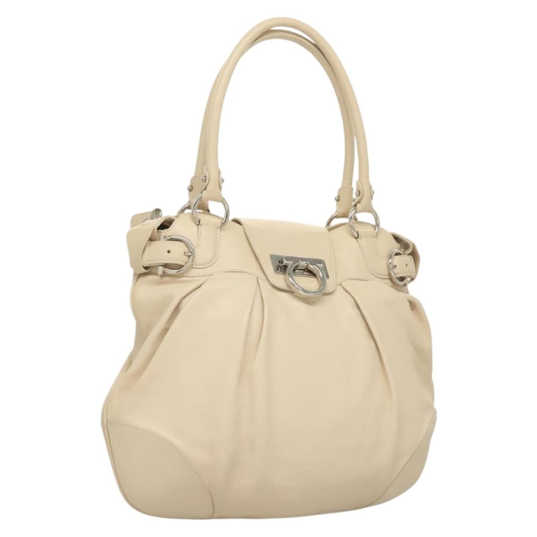 Salvatore Ferragamo Gancini Ivory Silver Leather Hand Bag Auth FI-21 7338: Salvatore Ferragamo Gancini Ivory Silver Leather Hand Bag Auth FI-21 7338 This elegant Salvatore Ferragamo Gancini Hand Bag is crafted from high-quality leather in a sophisticated ivory and silver col