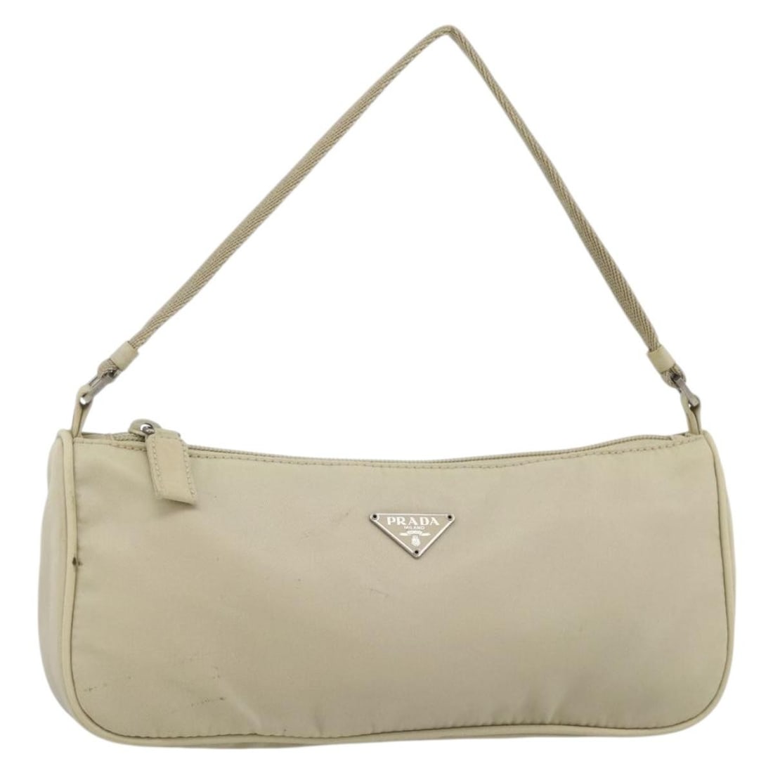 Prada Beige Nylon Women's Accessory Pouch with Silver Accents: Prada Beige Nylon Women's Accessory Pouch with Silver Accents This PRADA accessory pouch is crafted from beige nylon with silver-tone accents. Designed for women, it features a compact silhouette and 