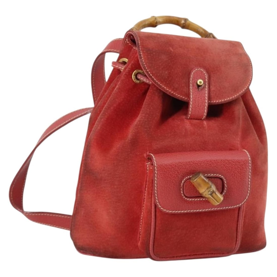GUCCI Bamboo Backpack Red Suede Gold Accents 003 2058 0030 Auth: GUCCI Bamboo Backpack Red Suede Gold Accents 003 2058 0030 Auth This authentic GUCCI Bamboo Backpack features a luxurious red suede exterior accented with gold details. The bag measures approximately 