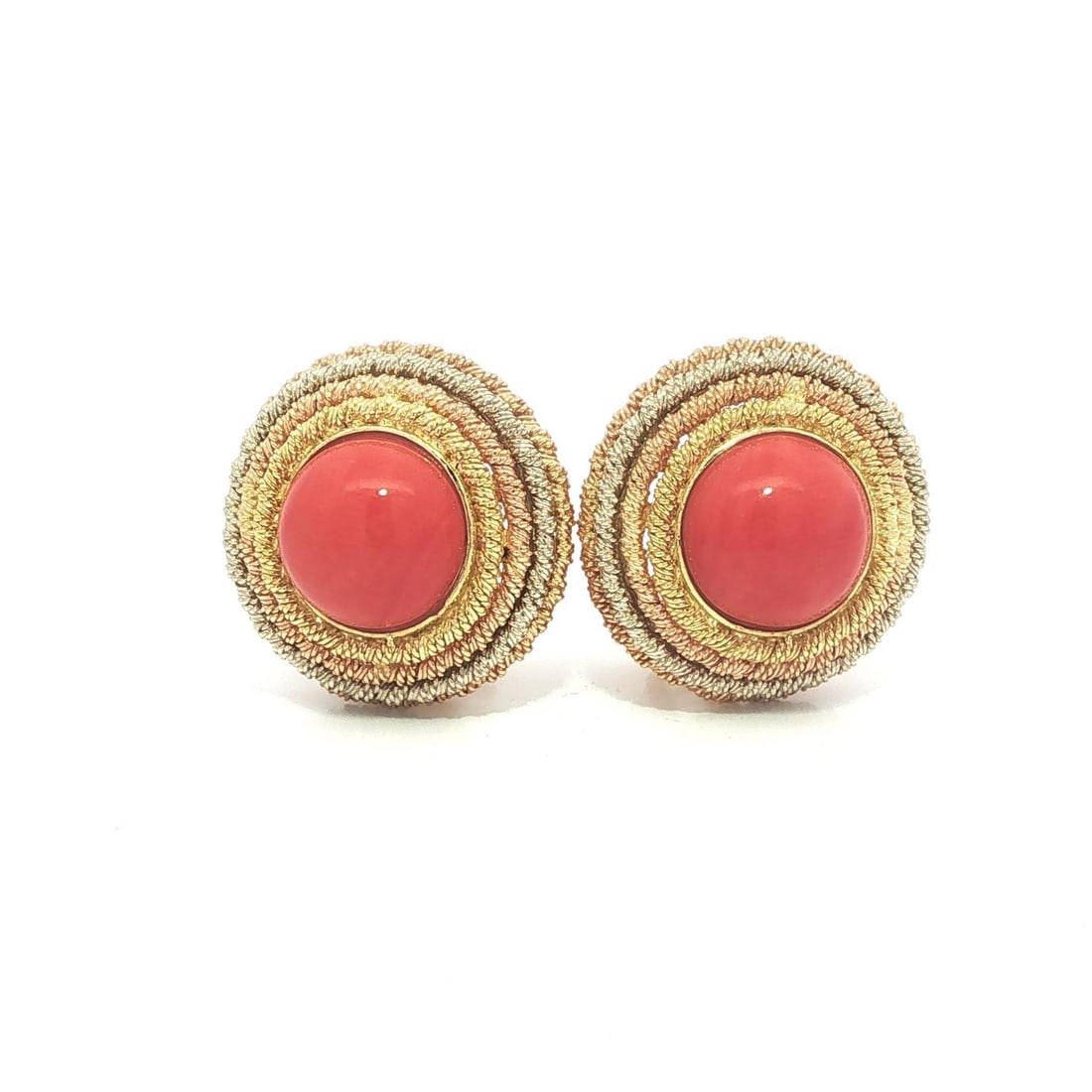 18k Gold Coral Omega Back Earrings Tri Color Twisted Wire (1 of 10)