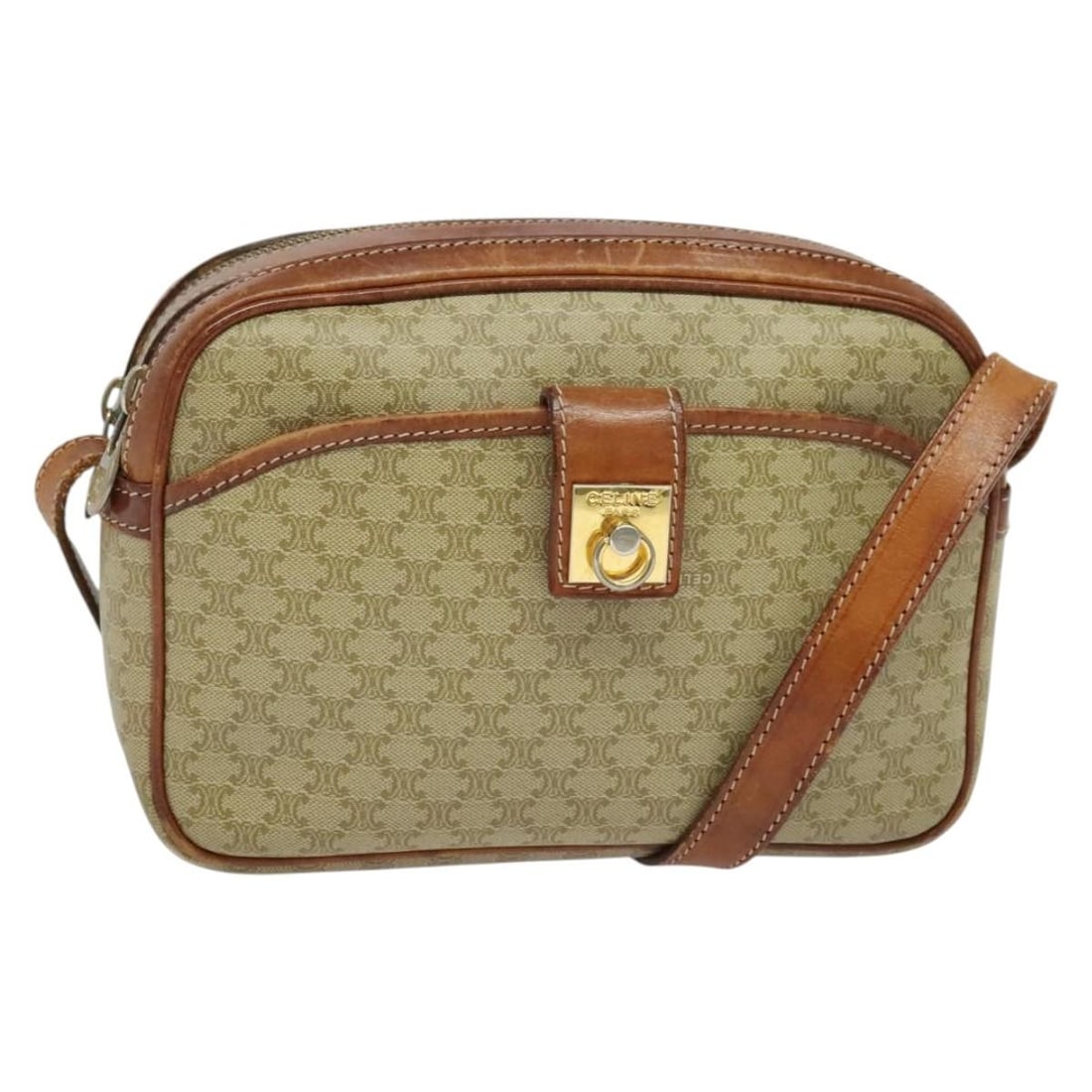 CELINE Beige Gold Macadam PVC Shoulder Bag Italy Auth 137747: CELINE Beige Gold Macadam PVC Shoulder Bag Italy Auth 137747 This authentic CELINE Macadam Canvas Shoulder Bag is crafted from durable PVC leather in a sophisticated beige and gold color combination. 