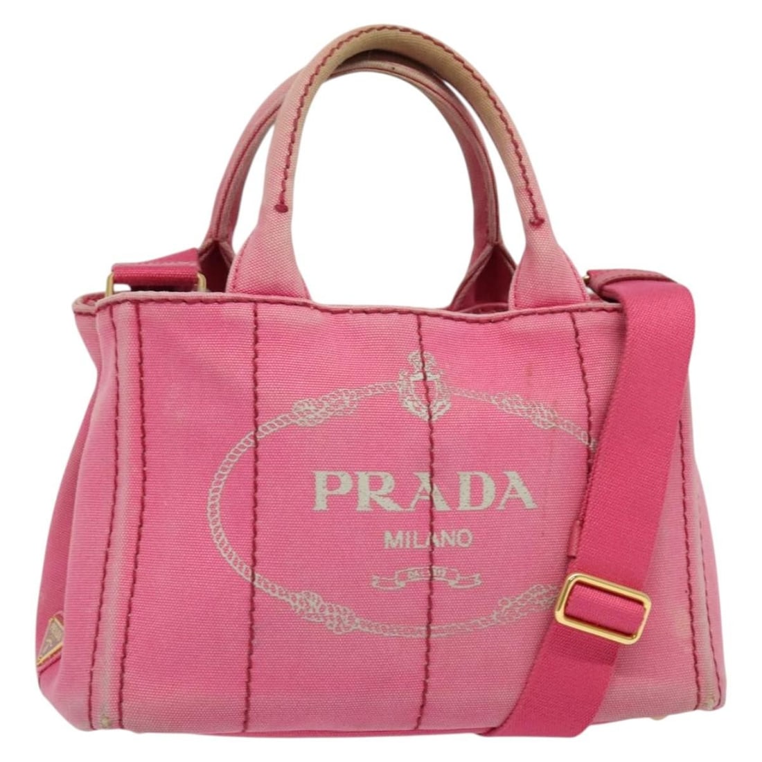 PRADA Canapa PM Canvas Hand Bag Pink Gold Italy Authentic: PRADA Canapa PM Canvas Hand Bag Pink Gold Italy Authentic Introducing the PRADA Canapa PM Hand Bag, a stylish and versatile accessory crafted in Italy. This chic hand bag features a striking pink and 