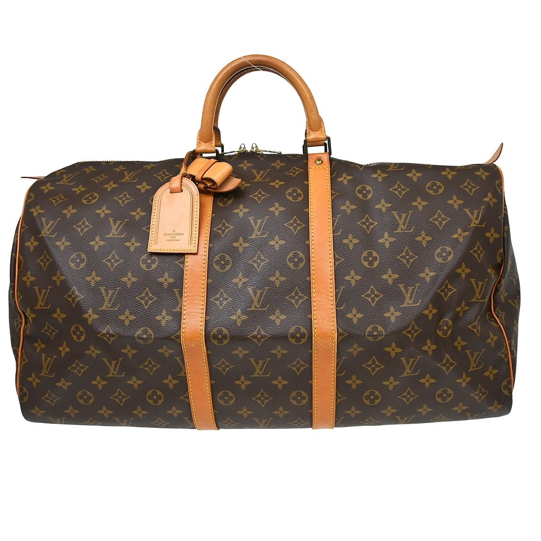 Louis Vuitton Keepall 55 Monogram Duffle Travel Bag: Louis Vuitton Keepall 55 Monogram Duffle Travel Bag This Louis Vuitton Keepall 55 travel handbag features the iconic Monogram canvas design with beige leather double handles and gold-tone hardware. Th
