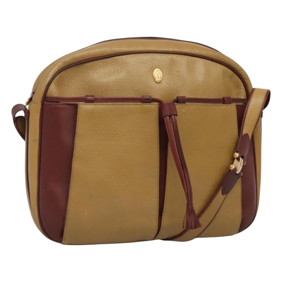 Cartier Must Line Leather Shoulder Bag in Beige and Wine Red: Cartier Must Line Leather Shoulder Bag in Beige and Wine Red This is a Cartier Must Line shoulder bag crafted from leather in beige and wine red. Designed for women, it features a structured silhouett