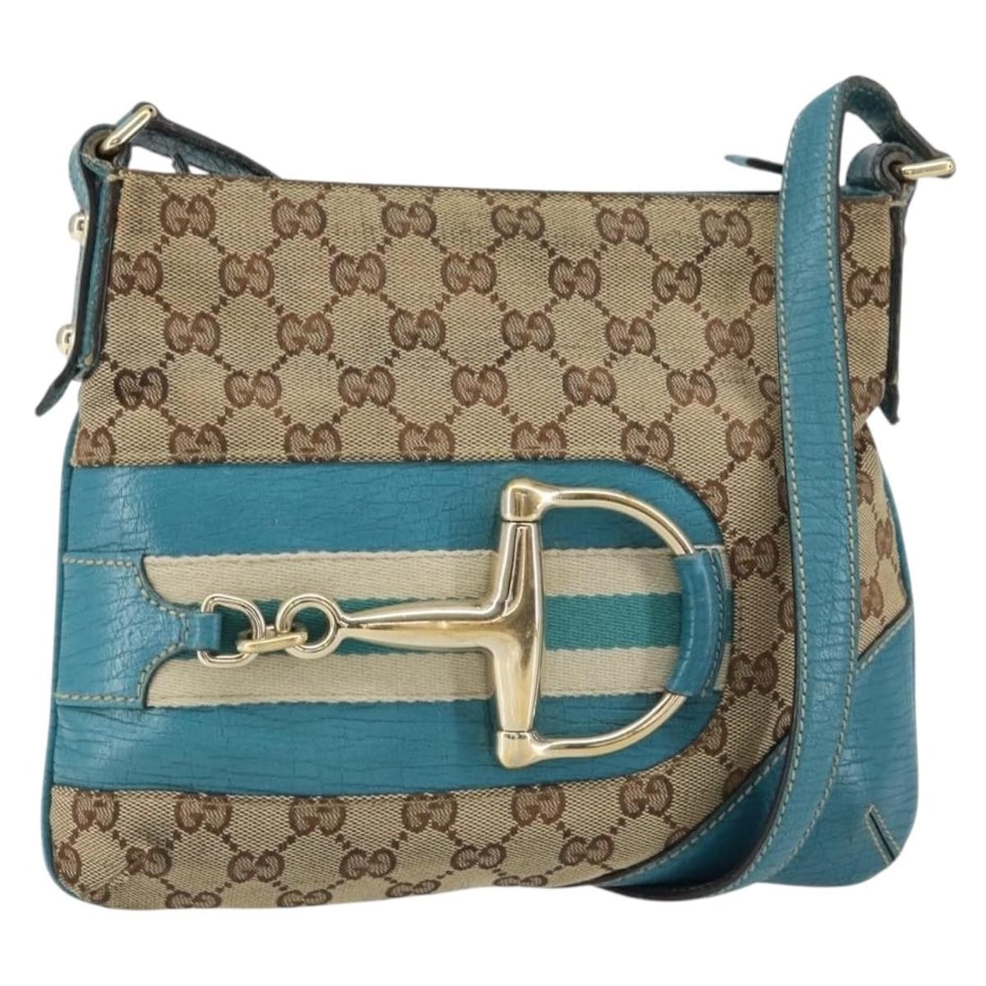 GUCCI GG Canvas Shoulder Bag Beige Turquoise Gold 141506 Authentic: GUCCI GG Canvas Shoulder Bag Beige Turquoise Gold 141506 Authentic Introducing the GUCCI GG Canvas Shoulder Bag in a stunning combination of beige, turquoise blue, and gold. Crafted in Italy, this sty