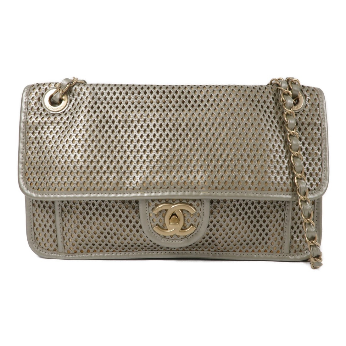CHANEL Silver Calfskin CC Chain Shoulder Bag: CHANEL Silver Calfskin CC Chain Shoulder Bag This CHANEL shoulder bag features a sophisticated design crafted from calfskin leather in a striking silver color. The bag is accented with the iconic CC l