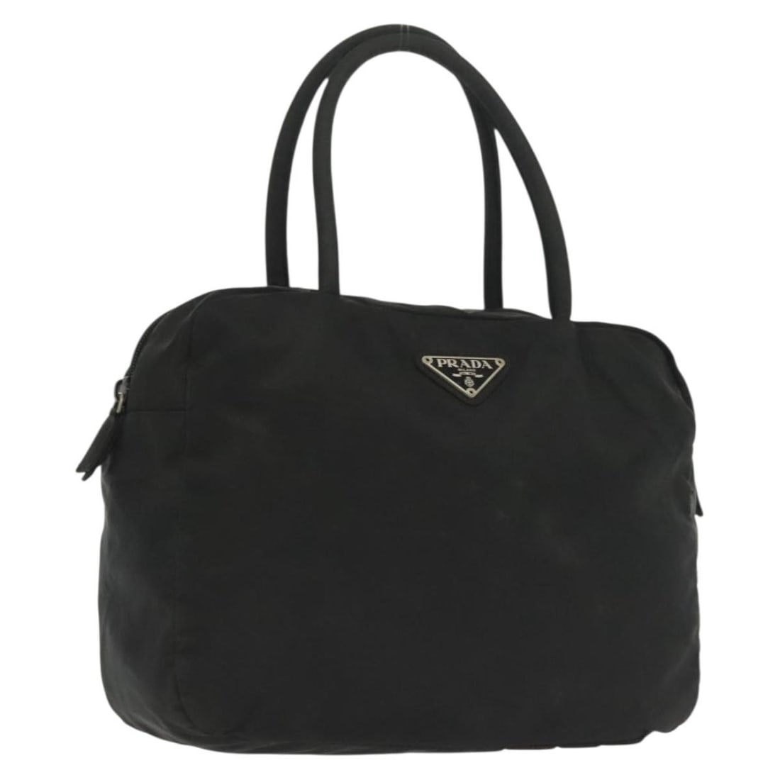 Prada black nylon women s handbag Italy silver trim: Prada black nylon women s handbag Italy silver trim This PRADA handbag is crafted from black nylon with silver-tone accents, offering a sleek and functional design. Made in Italy, the bag features a c