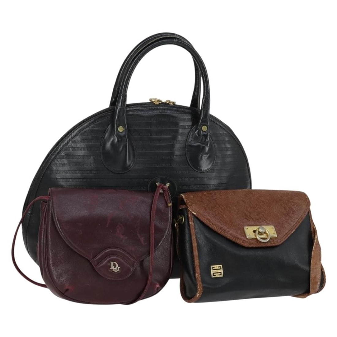 Set of 3 Givenchy Leather Shoulder Bags in Brown Bordeaux Black: Set of 3 Givenchy Leather Shoulder Bags in Brown Bordeaux Black This set includes three authentic Givenchy, Valentino, and Dior shoulder bags crafted from leather in brown, bordeaux, and black tones. 