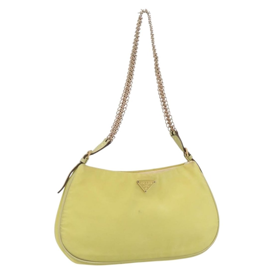 Prada yellow gold nylon shoulder bag Italy: Prada yellow gold nylon shoulder bag Italy This PRADA chain shoulder bag is crafted from yellow and gold nylon, offering a stylish and lightweight accessory. Designed for women, it features a shoulder