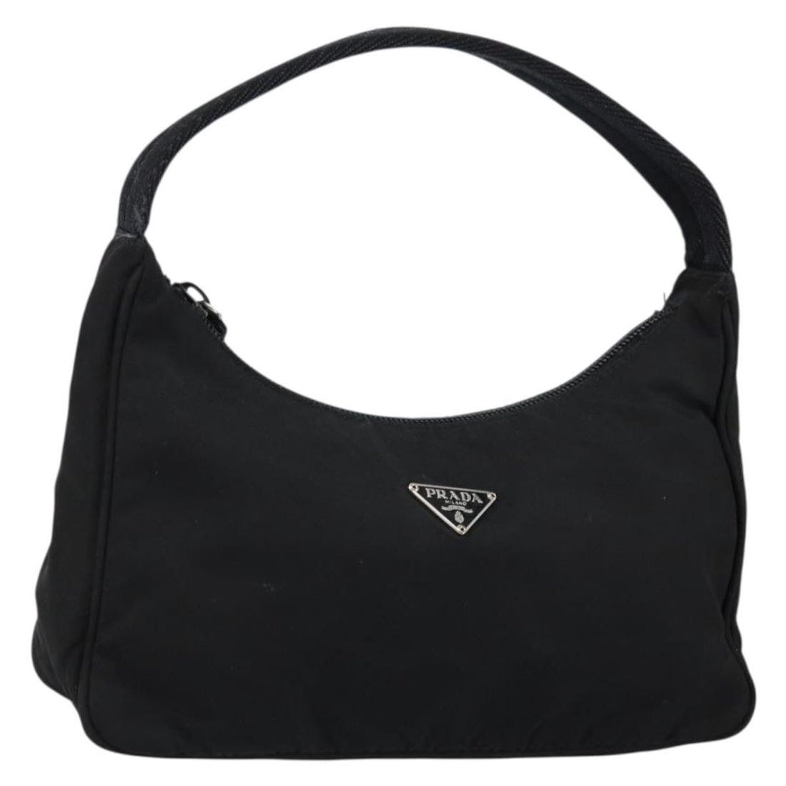 Prada nylon black silver handbag Italy 8.7 x 5.1 x 2.4 inch: Prada nylon black silver handbag Italy 8.7 x 5.1 x 2.4 inch This PRADA handbag features a sleek black nylon exterior with silver-tone accents, crafted in Italy. The bag is compact and lightweight, des