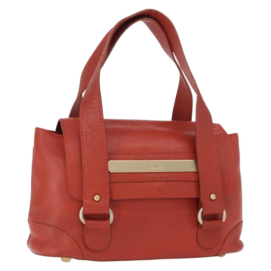 Chloe Red Leather Handbag with Gold Accents: Chloe Red Leather Handbag with Gold Accents This Chloe hand bag is crafted from leather in a striking red and gold color combination. The bag features a structured design with dual handles and gold-to