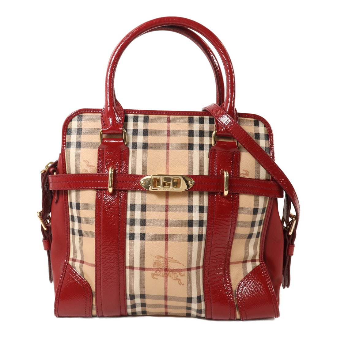Burberry Minford 2way Shoulder Bag Red Beige GHW Coated Canvas: Burberry Minford 2way Shoulder Bag Red Beige GHW Coated Canvas This Burberry Minford shoulder bag features a versatile 2-way design, crafted from durable PVC coated canvas with patent leather accents 