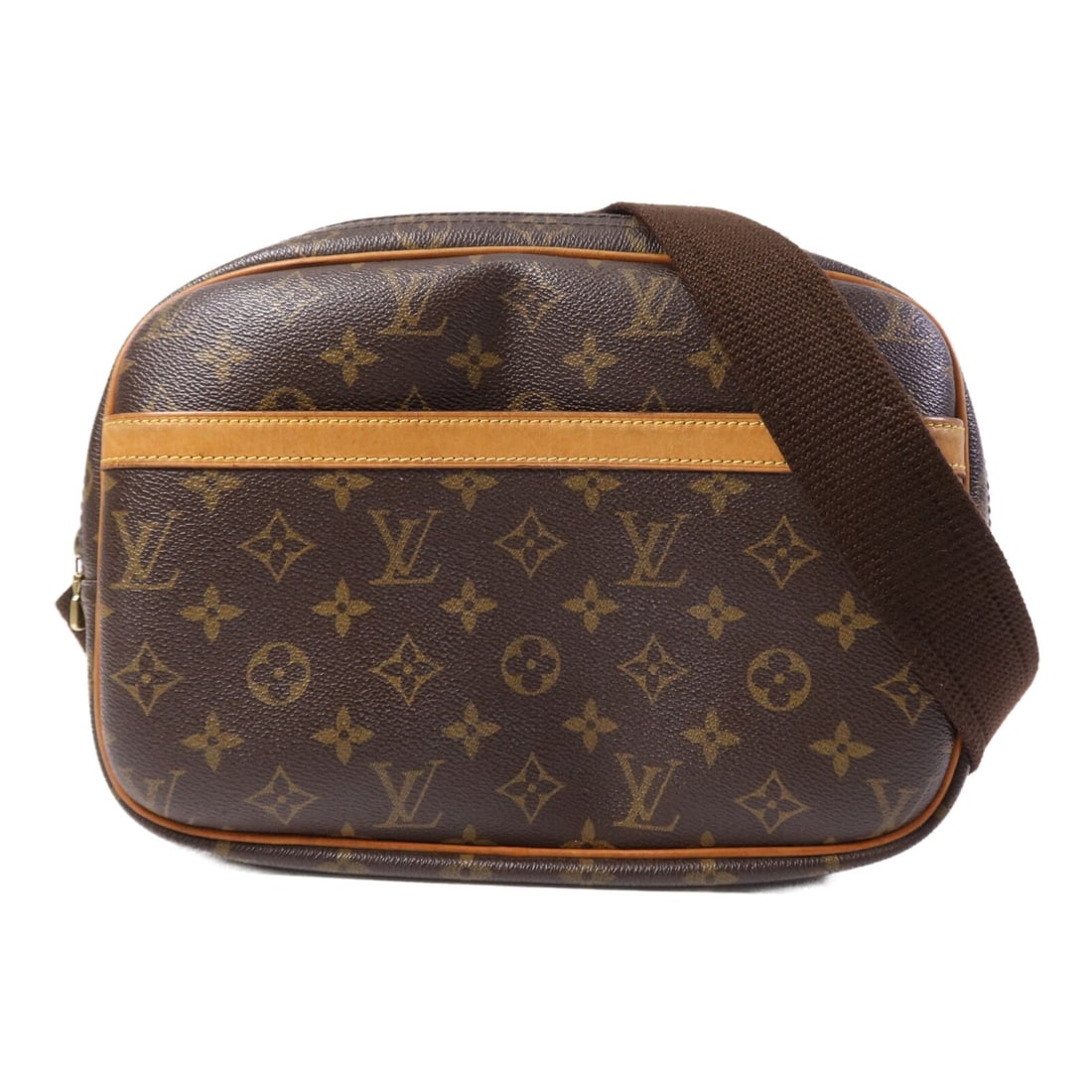Louis Vuitton Reporter PM Brown Monogram Shoulder Bag with Gold Tone Hardware: Louis Vuitton Reporter PM Brown Monogram Shoulder Bag with Gold Tone Hardware This Louis Vuitton Reporter PM shoulder bag features the iconic monogram pattern in brown PVC coated canvas. Designed for 