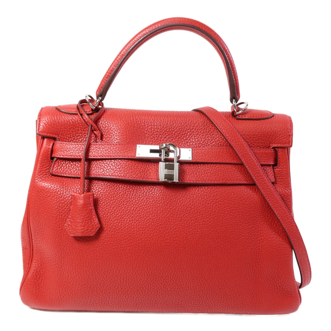 Red Clemence Leather Kelly 32 Two Way Shoulder Bag by Hermes PHW: Red Clemence Leather Kelly 32 Two Way Shoulder Bag by Hermes PHW This Hermes Kelly 32 is a versatile two-way shoulder bag crafted from Clemence calfskin leather in a striking red color. Featuring pall