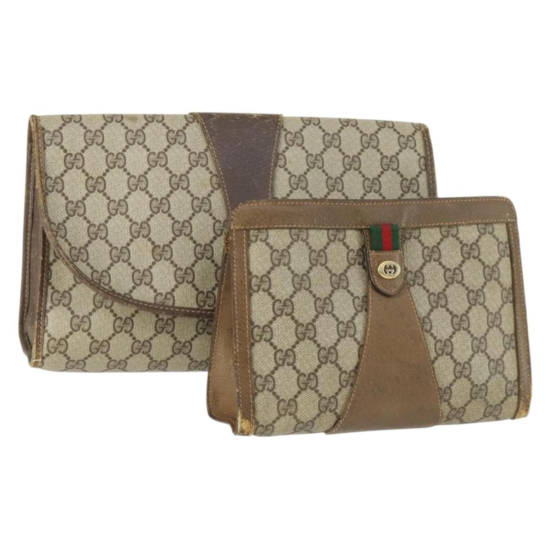 Set of 2 Gucci GG Supreme Web Sherry Clutch Bags Beige PVC Leather: Set of 2 Gucci GG Supreme Web Sherry Clutch Bags Beige PVC Leather This is a set of two authentic GUCCI GG Supreme Web Sherry Line clutch bags crafted from beige PVC leather and GG canvas. Both bags a