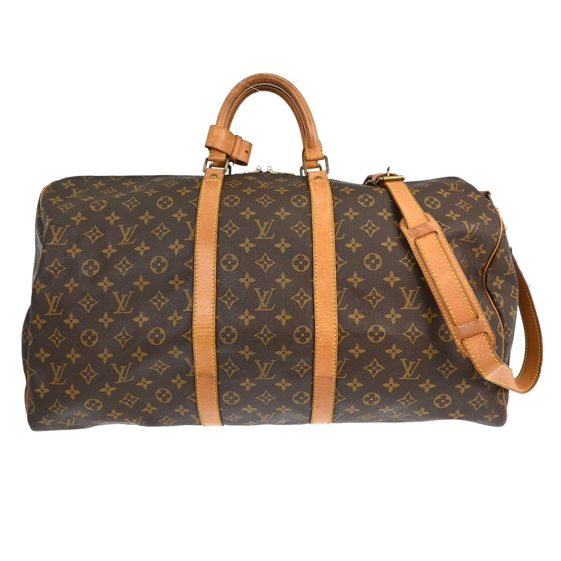 Louis Vuitton Monogram Keepall Bandouliere 55 Brown Duffle Bag: Louis Vuitton Monogram Keepall Bandouliere 55 Brown Duffle Bag This is a vintage Louis Vuitton Keepall Bandouliere 55 travel bag, crafted from classic brown monogram canvas with beige double handles a
