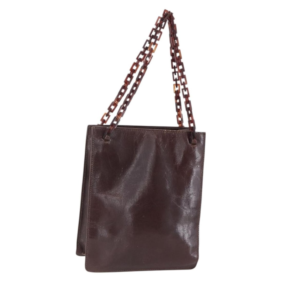 PRADA Brown Leather Chain Hand Bag Made in Italy: PRADA Brown Leather Chain Hand Bag Made in Italy This authentic PRADA Chain Hand Bag, crafted in Italy, showcases a rich brown leather exterior that exudes elegance. The bag features a compact design 