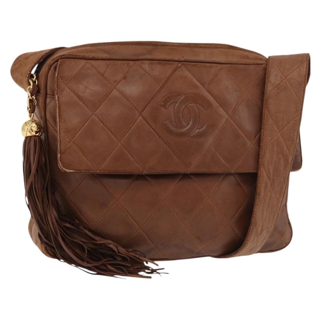 CHANEL brown gold lambskin matelasse shoulder bag with CC auth: CHANEL brown gold lambskin matelasse shoulder bag with CC auth This CHANEL Matelasse chain shoulder bag is crafted from brown lambskin leather with gold-tone accents. Designed for women, it features a