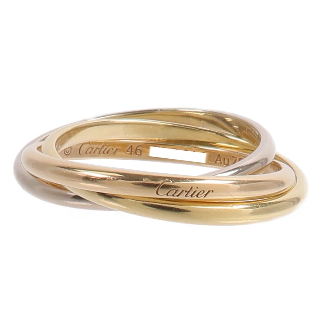 Cartier Trinity 18K Gold Mini Ring US 4: Cartier Trinity 18K Gold Mini Ring US 4 This Cartier Mini Trinity Ring features a classic interlocking design crafted from 18K yellow gold, white gold, and pink gold. Designed for women, it is a styli