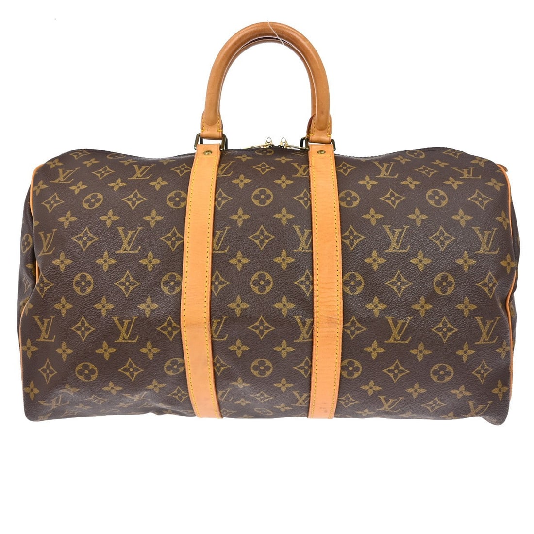 Louis Vuitton Keepall Monogram Canvas Travel Bag 45cm x 27cm x 20cm: Louis Vuitton Keepall Monogram Canvas Travel Bag 45cm x 27cm x 20cm This Louis Vuitton Keepall Bag features the iconic monogram canvas in brown, designed for unisex use. The bag displays visible wear,