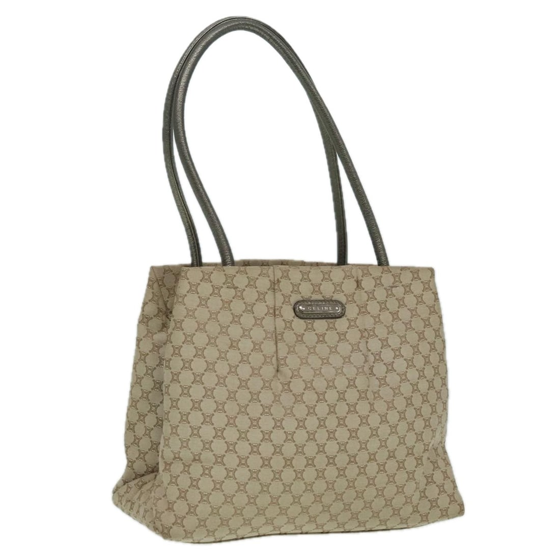 Celine Macadam Beige Canvas Women's Shoulder Bag with Gold Accents: Celine Macadam Beige Canvas Women's Shoulder Bag with Gold Accents This Celine Macadam canvas shoulder bag features a beige and gold color scheme and is crafted from durable Macadam canvas. Designed f
