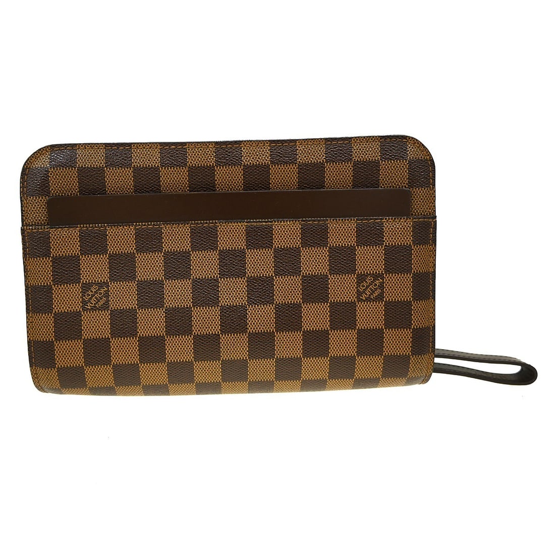 Louis Vuitton Damier Ebene Saint Louis small clutch bag: Louis Vuitton Damier Ebene Saint Louis small clutch bag This is a vintage Louis Vuitton Orsay clutch bag in the Damier Ebene pattern. Crafted from canvas leather with brown leather handles and trim, i