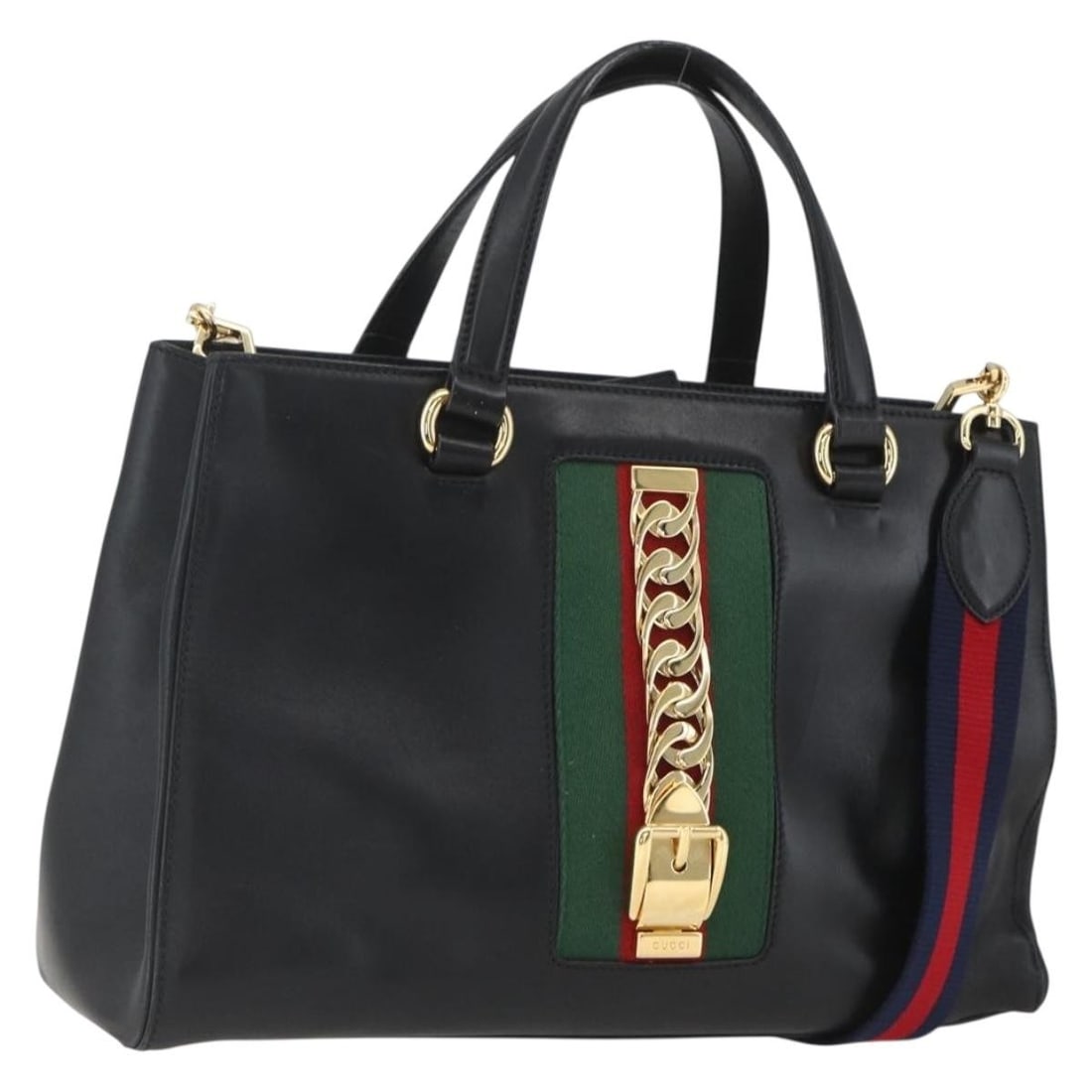 Gucci Silvi Tote Leather GG Canvas Shoulder Strap 453790: Gucci Silvi Tote Leather GG Canvas Shoulder Strap 453790 This GUCCI Web Sherry Line Silvi Tote Bag offers a versatile 2-way design in black and gold leather, complemented by GG canvas accents. Designe