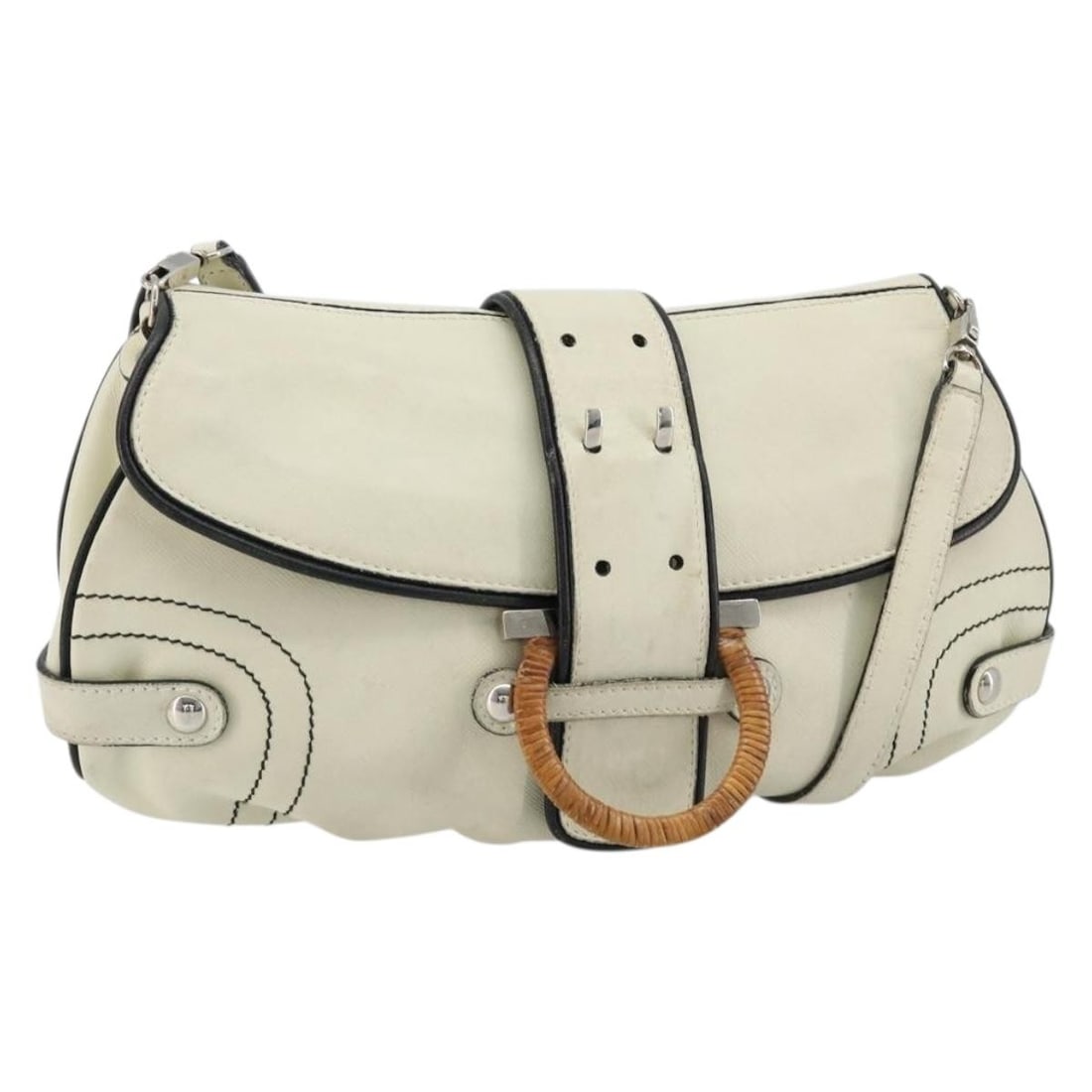 Salvatore Ferragamo Ivory Silver Leather Gancini Shoulder Bag: Salvatore Ferragamo Ivory Silver Leather Gancini Shoulder Bag This Salvatore Ferragamo Gancini shoulder bag is crafted from ivory leather with silver-tone accents. Designed for women, it features a co