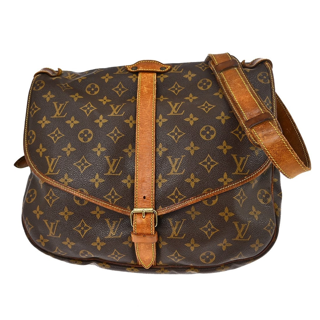Louis Vuitton Saumur 35 Monogram Crossbody Shoulder Bag: Louis Vuitton Saumur 35 Monogram Crossbody Shoulder Bag This Louis Vuitton Saumur 35 shoulder bag features the iconic monogram canvas leather with brown leather trim and a classic buckle closure. Desi