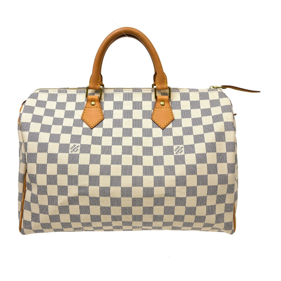Louis Vuitton Speedy 35 Damier Azur duffle bag: Louis Vuitton Speedy 35 Damier Azur duffle bag This is a Louis Vuitton Damier Azur Speedy 35 handbag, featuring the classic Damier Azur canvas with leather trim and double handles. The bag has a zip c