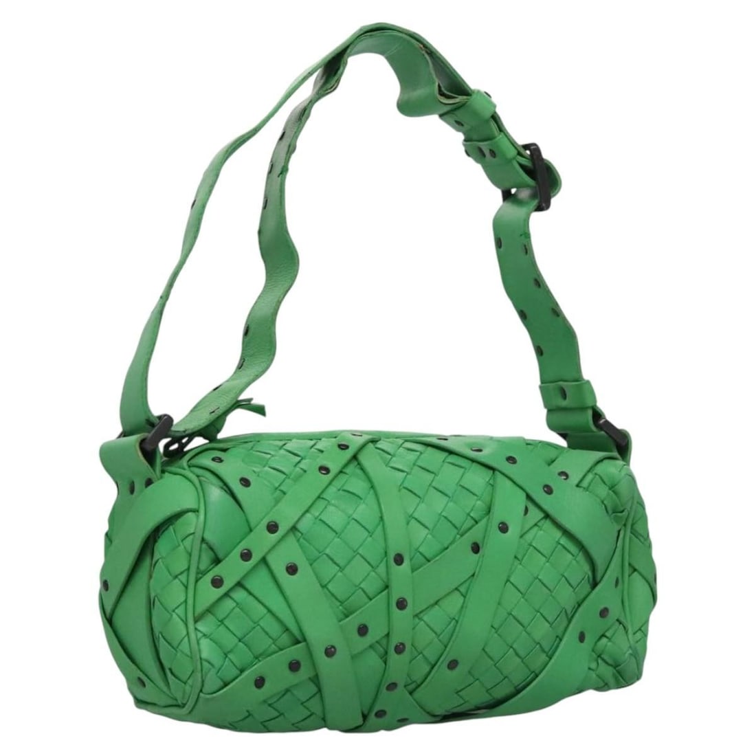 Green Leather Intrecciato Shoulder Bag by Bottega Veneta: Green Leather Intrecciato Shoulder Bag by Bottega Veneta This Bottega Veneta Intrecciato shoulder bag is crafted from green leather and features a compact, structured silhouette. Designed for women, i