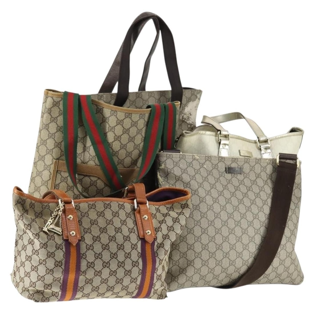 Set of 5 Gucci GG Supreme Beige Red PVC Tote Bags: Set of 5 Gucci GG Supreme Beige Red PVC Tote Bags This is a Gucci GG Supreme Web Sherry Line tote bag set featuring five pieces in beige and red. Crafted in Italy from PVC leather and GG canvas, these