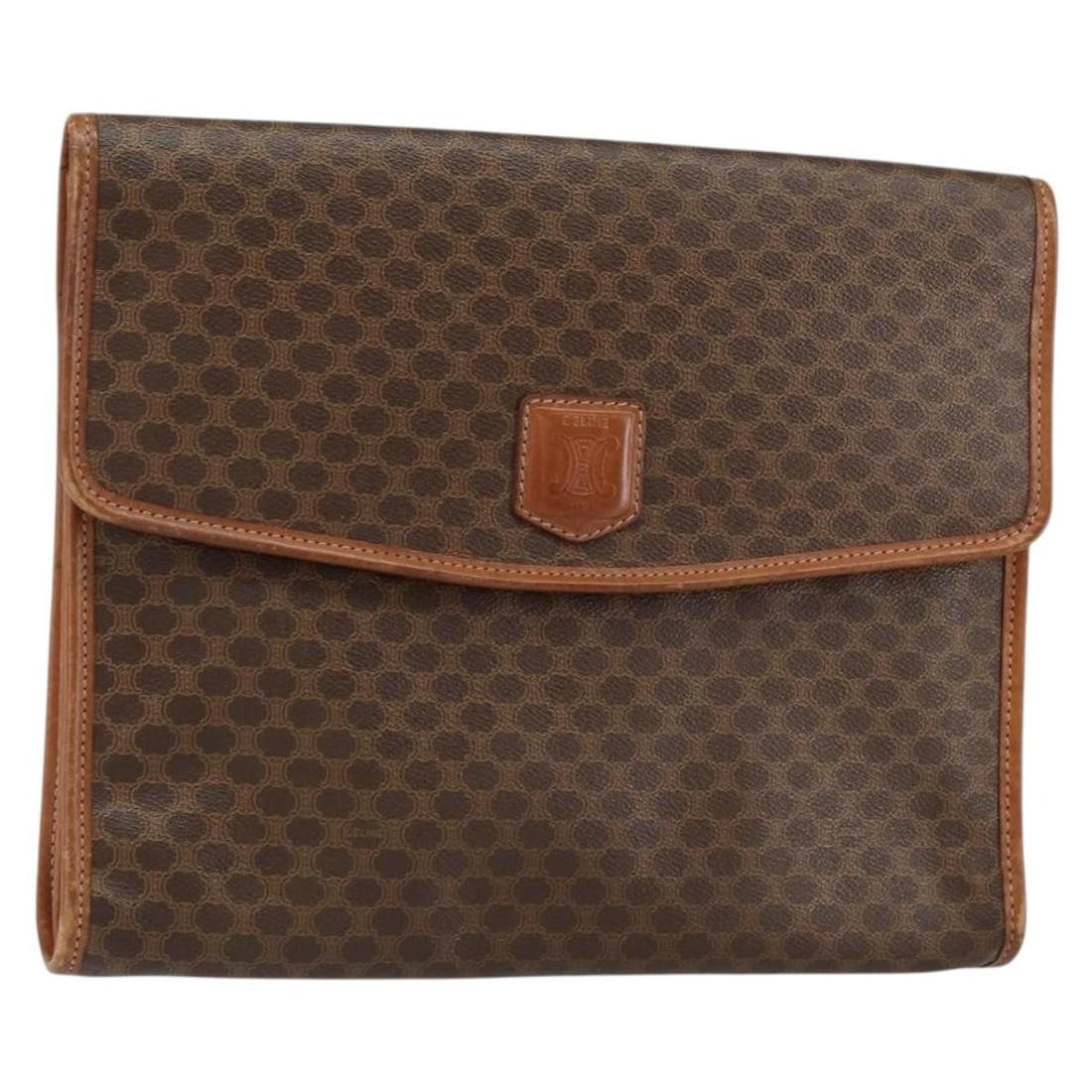 CELINE Brown Gold Macadam Canvas Clutch Bag PVC Leather Auth M09: CELINE Brown Gold Macadam Canvas Clutch Bag PVC Leather Auth M09 This authentic CELINE Macadam Canvas Clutch Bag combines luxury and practicality, crafted in Italy from high-quality PVC leather and fe