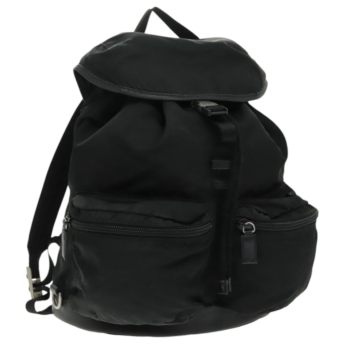 Prada Black Nylon Backpack with Silver Hardware for Women: Prada Black Nylon Backpack with Silver Hardware for Women This PRADA backpack features a black nylon exterior with silver-tone accents and is designed for women. The bag was crafted in Italy and measu