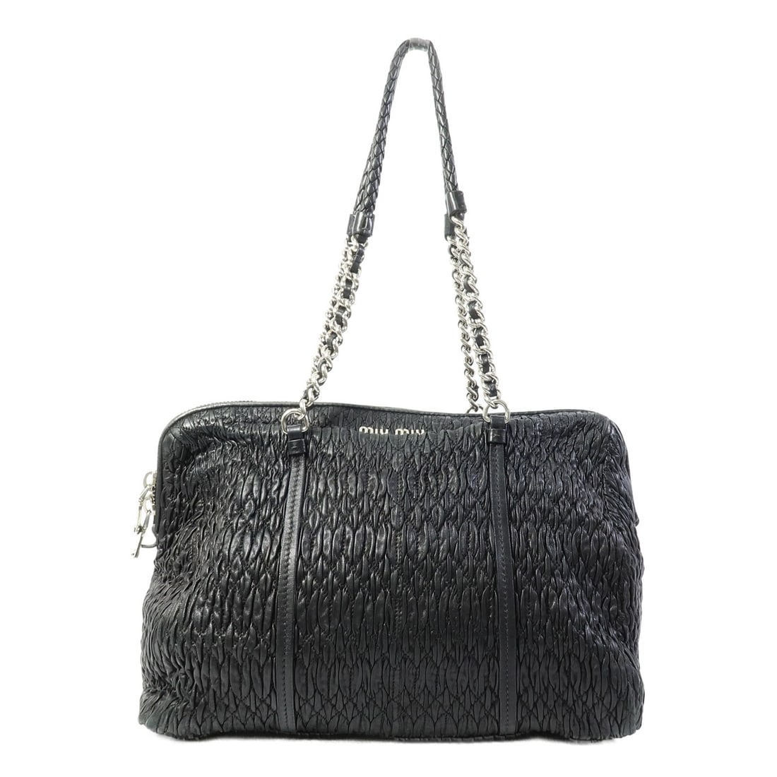 Miu Miu Black Lambskin Women Shoulder Bag: Miu Miu Black Lambskin Women Shoulder Bag This Miu Miu shoulder bag is crafted from luxurious black lambskin leather and features a classic, elegant design. Made in Italy, it offers a spacious interio