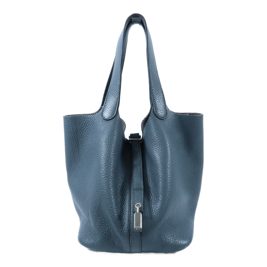Hermes Picotin PM Blue Clemence Leather Tote Bag with Palladium Hardware: Hermes Picotin PM Blue Clemence Leather Tote Bag with Palladium Hardware This Hermes Picotin PM tote bag is crafted from Taurillon Clemence calfskin leather in a blue hue. Designed for women, the bag 