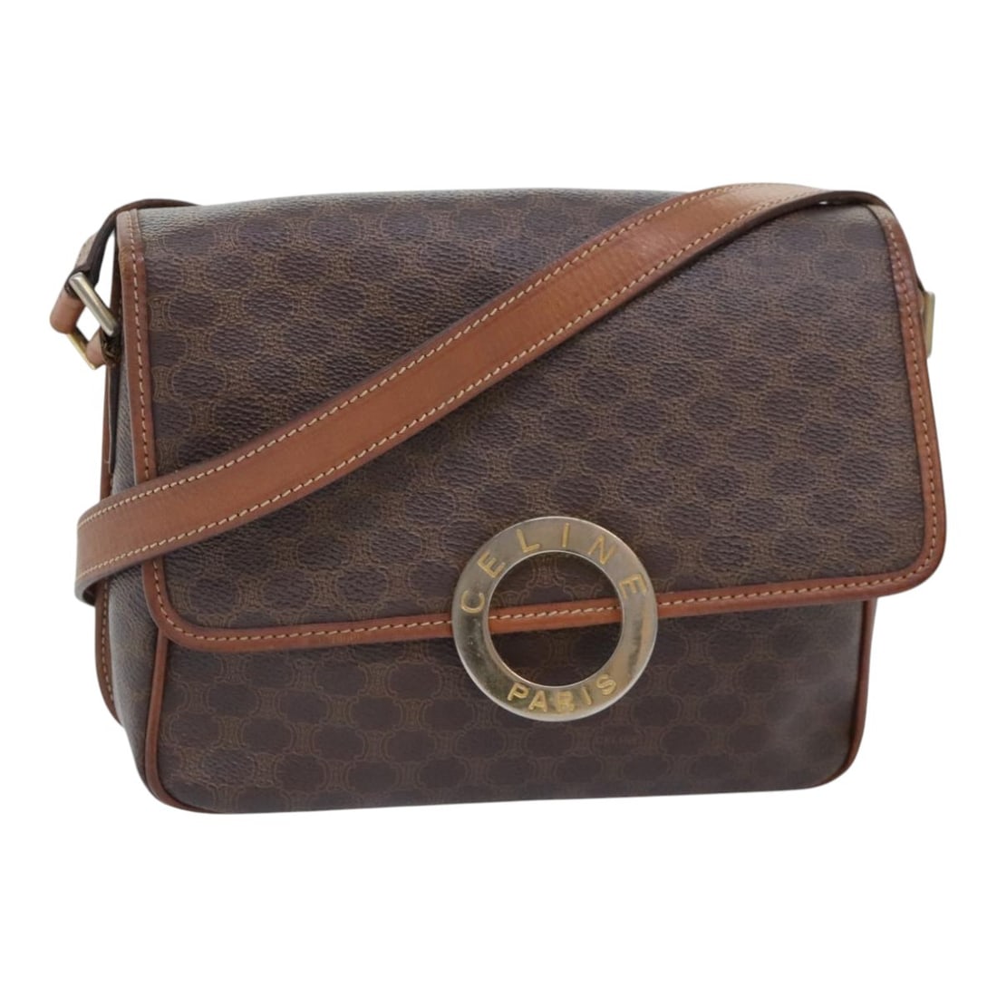 Celine Macadam Brown PVC Leather Shoulder Bag Gold Accents: Celine Macadam Brown PVC Leather Shoulder Bag Gold Accents This CELINE Macadam shoulder bag features a classic brown and gold color scheme crafted from durable PVC leather and Macadam canvas. Designed