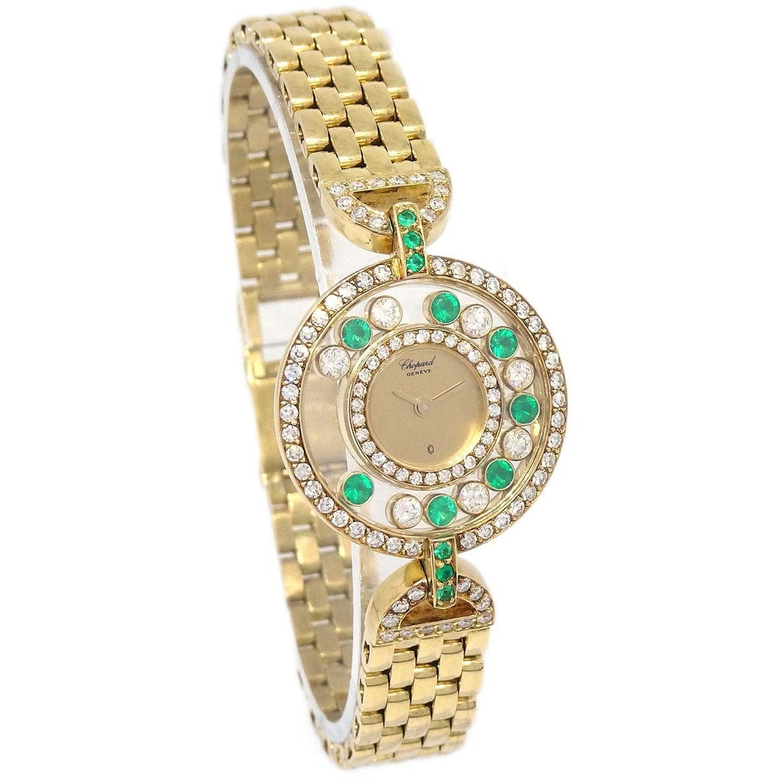 Chopard Happy Diamonds 18KYG Quartz Diamond Emerald Wristwatch: Chopard Happy Diamonds 18KYG Quartz Diamond Emerald Wristwatch This Chopard Happy Diamonds Ref. 20/4566 wristwatch features an elegant 18K yellow gold case and band, complemented by diamond accents an