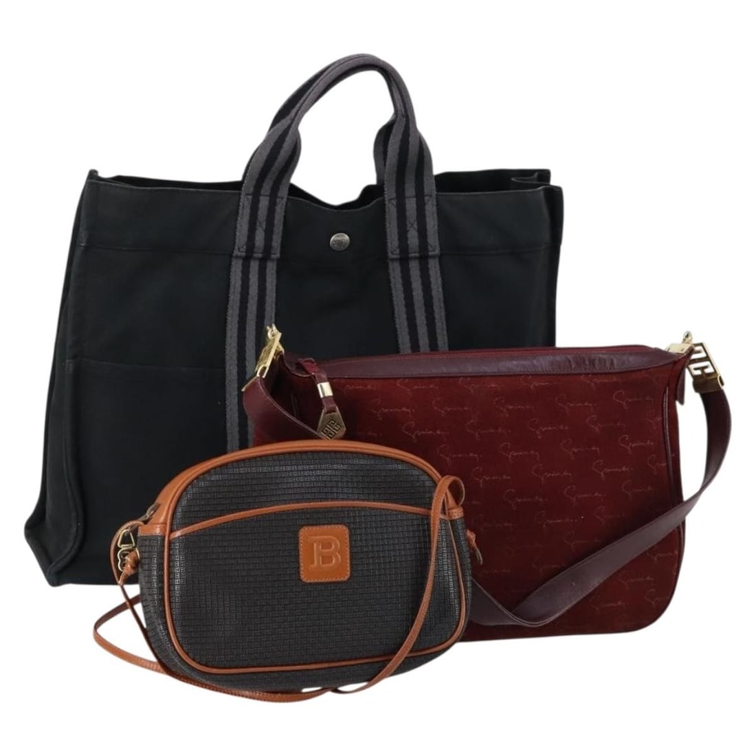 HERMES Givenchy Bally 3 Piece Hand Bag Set Beige Bordeaux Canvas: HERMES Givenchy Bally 3 Piece Hand Bag Set Beige Bordeaux Canvas This authentic HERMES handbag set features a stylish combination of beige, black, and bordeaux colors. Made from durable canvas, this t
