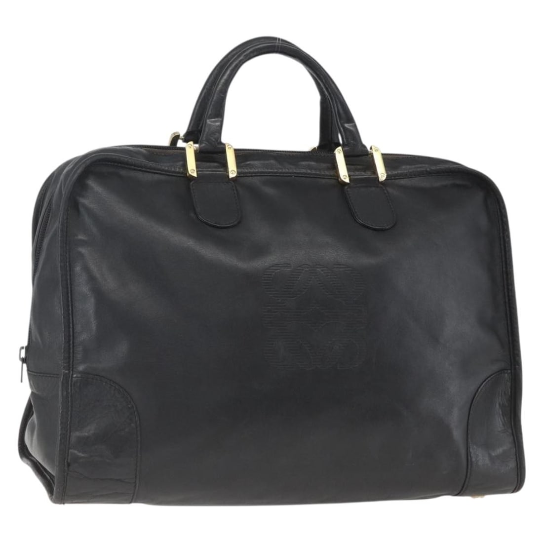 Loewe Amazona 40 Black and Gold Leather Handbag with Anagram Design: Loewe Amazona 40 Black and Gold Leather Handbag with Anagram Design This LOEWE Anagram Amazona 40 handbag features a gold and black leather exterior with dual top handles. The bag is made in Spain and