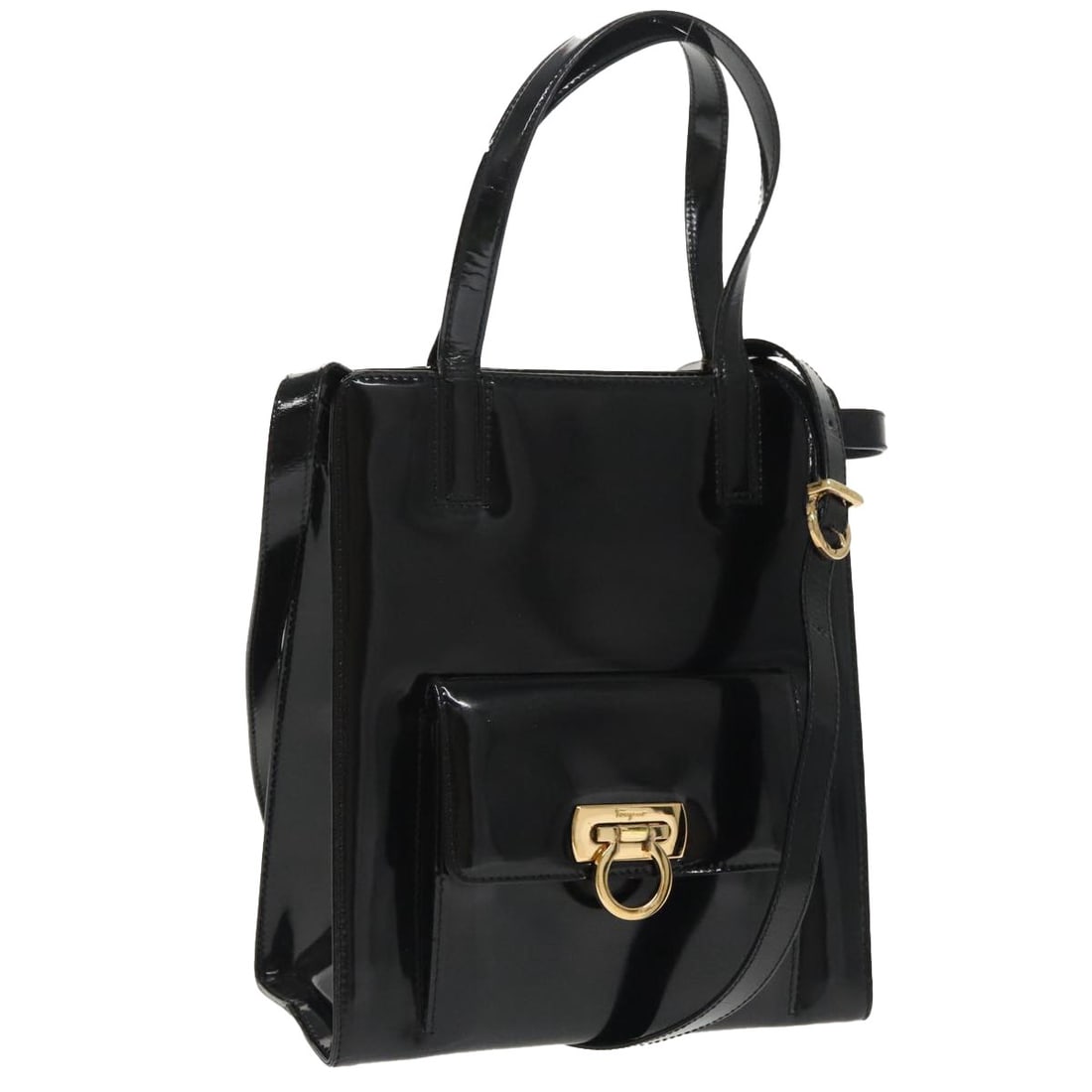 Black Patent Leather Gancini Shoulder Bag by Salvatore Ferragamo 2way Design: Black Patent Leather Gancini Shoulder Bag by Salvatore Ferragamo 2way Design This Salvatore Ferragamo Gancini shoulder bag features a black and gold patent leather exterior. Designed for women, it off