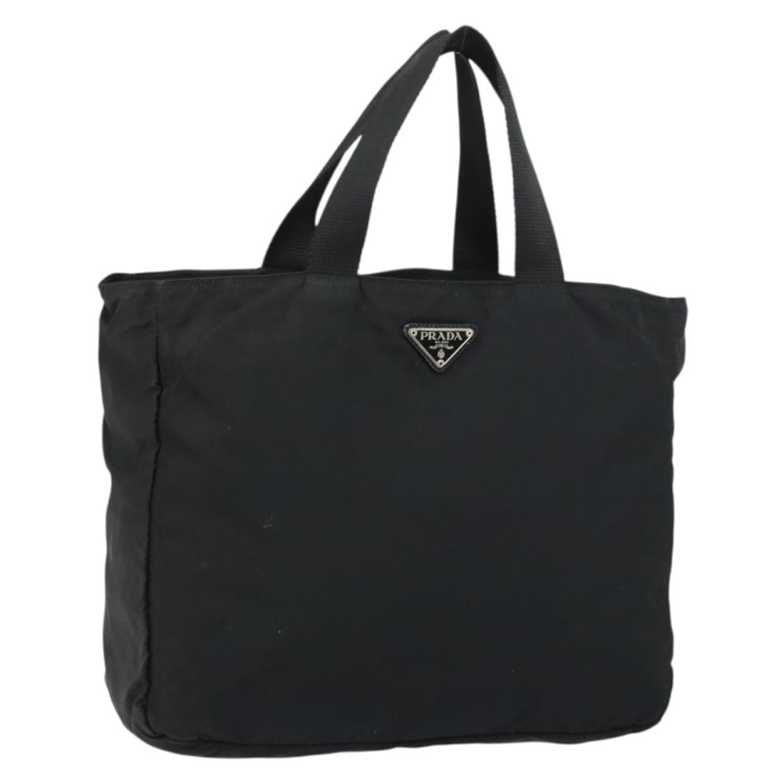 Prada nylon black silver tote bag Italy 13.8 x 10.6 x 3.9: Prada nylon black silver tote bag Italy 13.8 x 10.6 x 3.9 This PRADA tote bag is crafted from black nylon with silver-tone accents and is designed for women. Made in Italy, the bag features a spacious