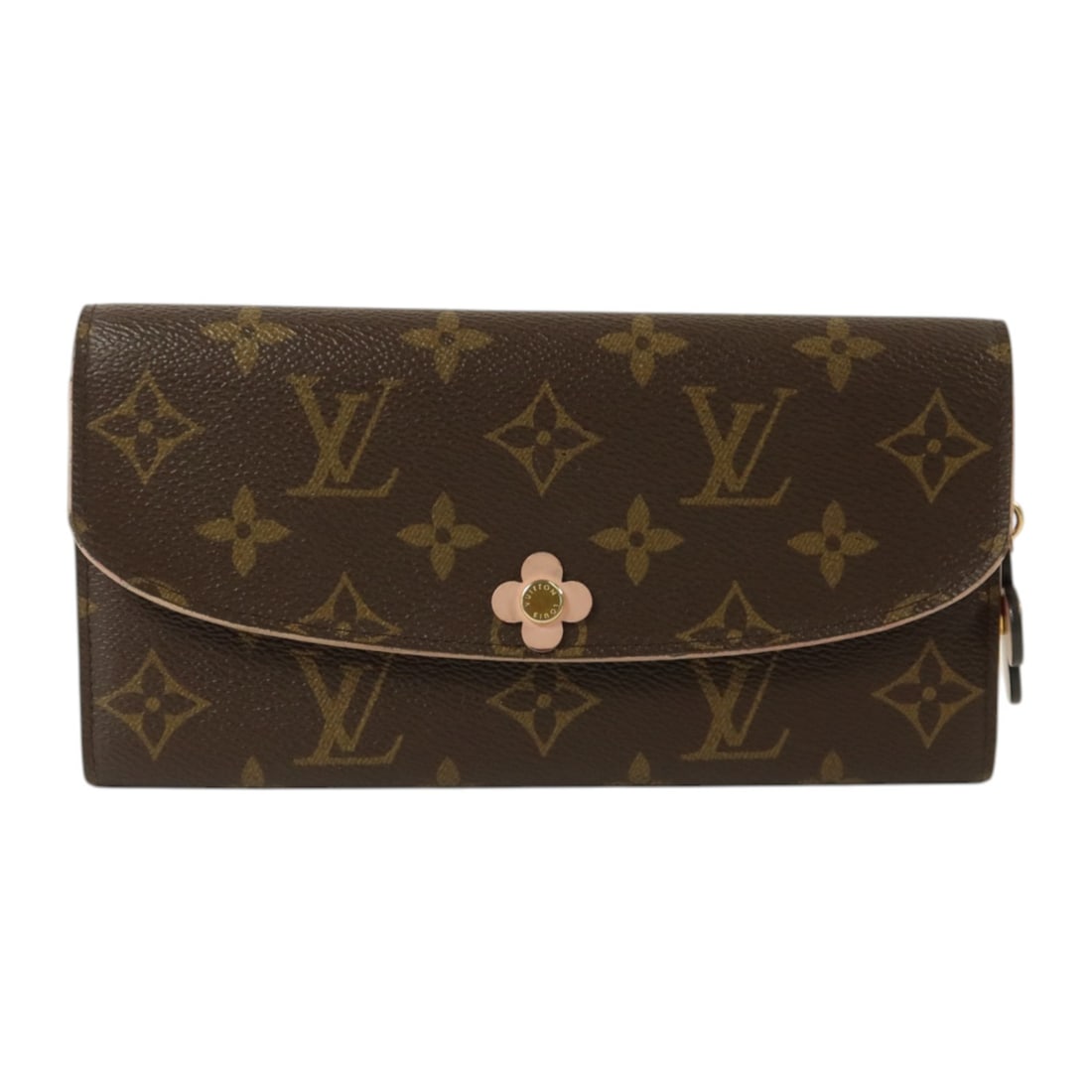Louis Vuitton Emilie Monogram Brown Pink Wallet GHW: Louis Vuitton Emilie Monogram Brown Pink Wallet GHW This Louis Vuitton Blooming Flowers Emilie Wallet features a bifold design crafted from durable PVC coated canvas in a brown monogram pattern with p
