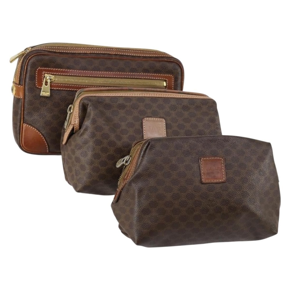 CELINE Brown Macadam Canvas PVC Leather Clutch Bag Set of 3 Authentic: CELINE Brown Macadam Canvas PVC Leather Clutch Bag Set of 3 Authentic This authentic CELINE Macadam Canvas Clutch Bag is a stylish accessory crafted from durable PVC leather. The rich brown exterior s