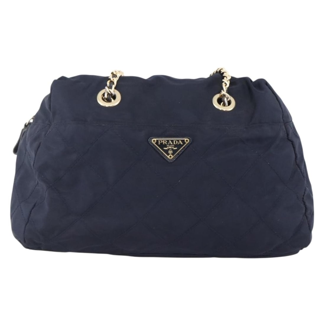 Prada Re-Edition 1995 Navy Quilted Chain Tote Bag Re-Nylon: Prada Re-Edition 1995 Navy Quilted Chain Tote Bag Re-Nylon This Prada Re-Edition 1995 Chain Tote features a quilted Re-Nylon construction in navy, designed for women. The bag displays some exterior sh