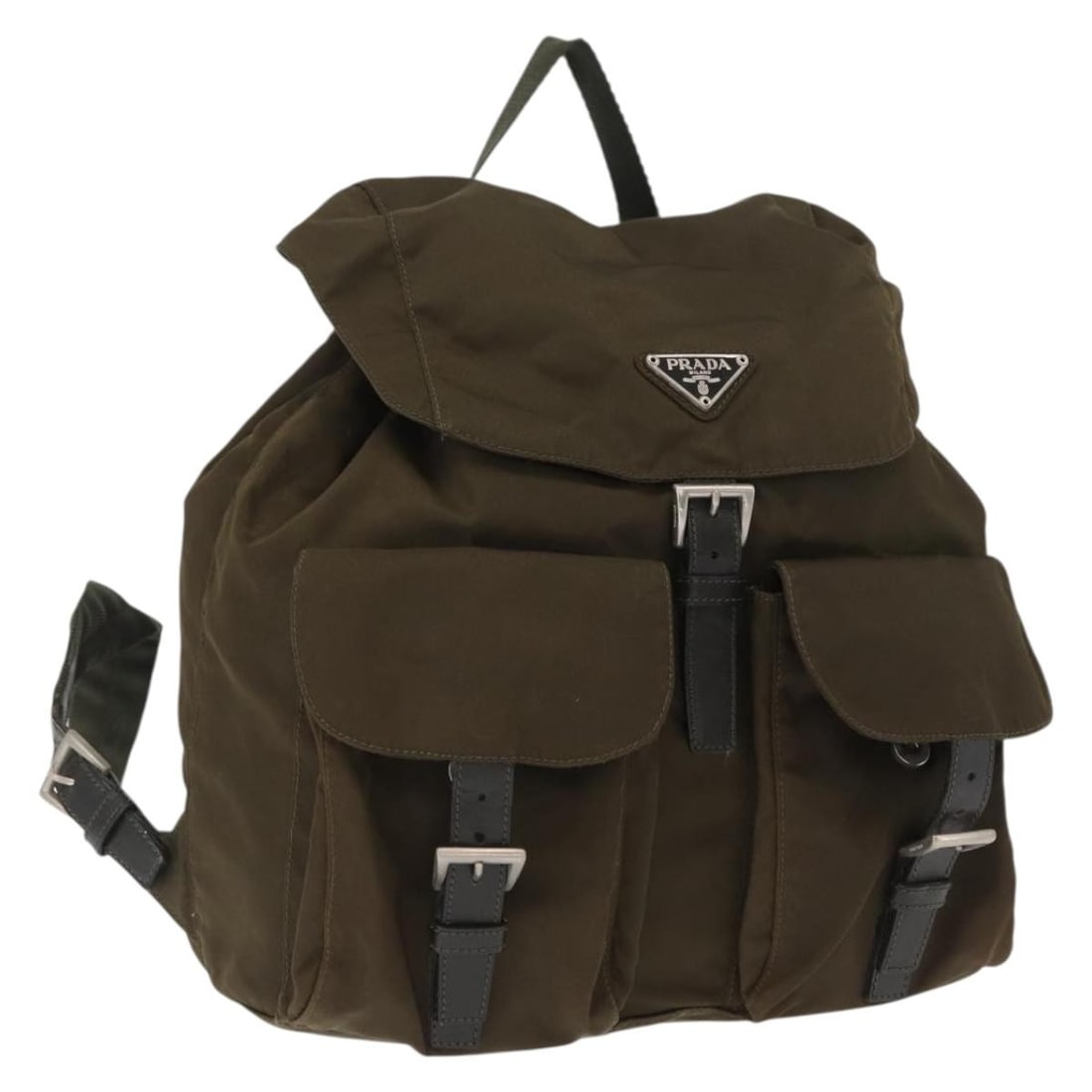 Prada nylon khaki silver women s backpack Italy 11.8 x 11.8 x 5.9 inch: Prada nylon khaki silver women s backpack Italy 11.8 x 11.8 x 5.9 inch This PRADA backpack features a khaki and silver nylon exterior and is designed for women. The bag measures approximately 11.8 inc