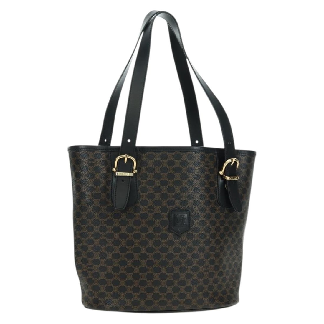 CELINE Macadam Canvas PVC Leather Tote Black Gold Italy: CELINE Macadam Canvas PVC Leather Tote Black Gold Italy This CELINE Macadam Canvas tote bag is crafted from durable PVC leather in a black and gold color scheme. Made in Italy, it features the iconic 
