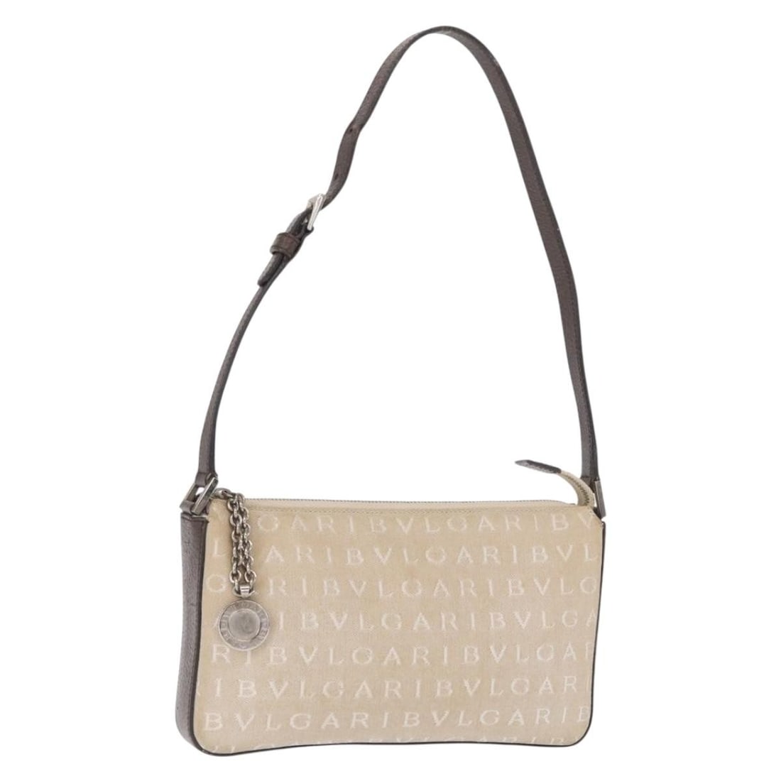 BVLGARI Beige Canvas Logo Mania Shoulder Bag with Silver Leather Trim: BVLGARI Beige Canvas Logo Mania Shoulder Bag with Silver Leather Trim This BVLGARI Logo Mania hand pouch is crafted from beige and silver canvas with leather accents. Designed as a shoulder bag, it fe